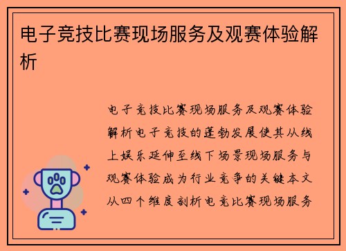 电子竞技比赛现场服务及观赛体验解析