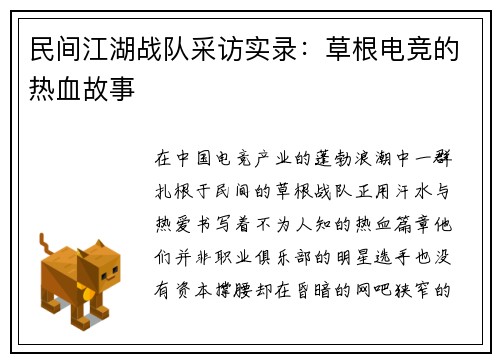 民间江湖战队采访实录：草根电竞的热血故事